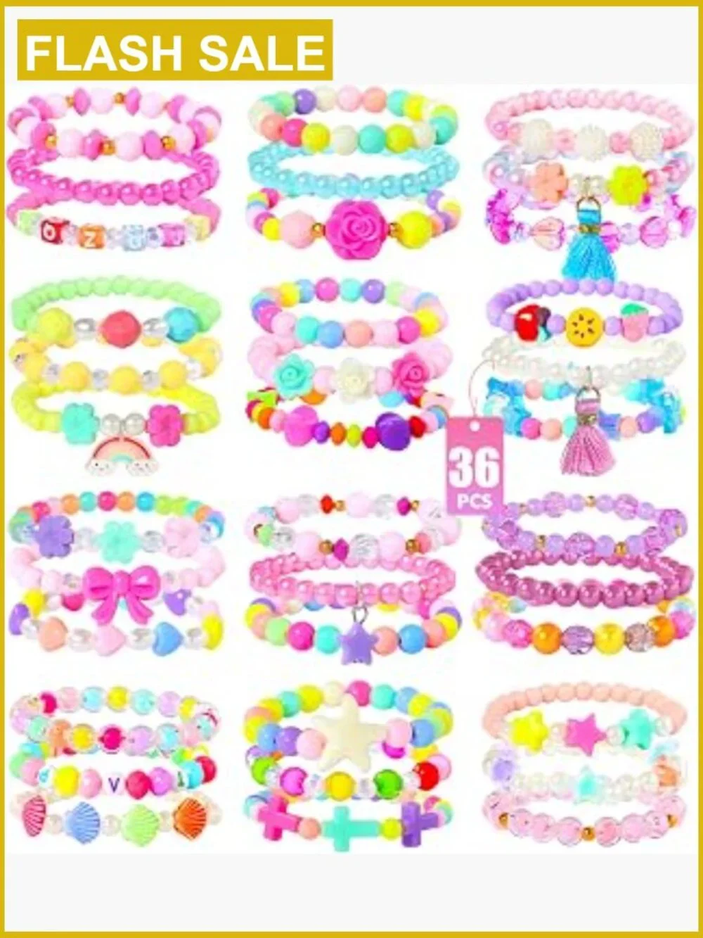 36 Piece Kids Bracelet Set - Acrylic & Resin Handmade Jewelry for Dress Up